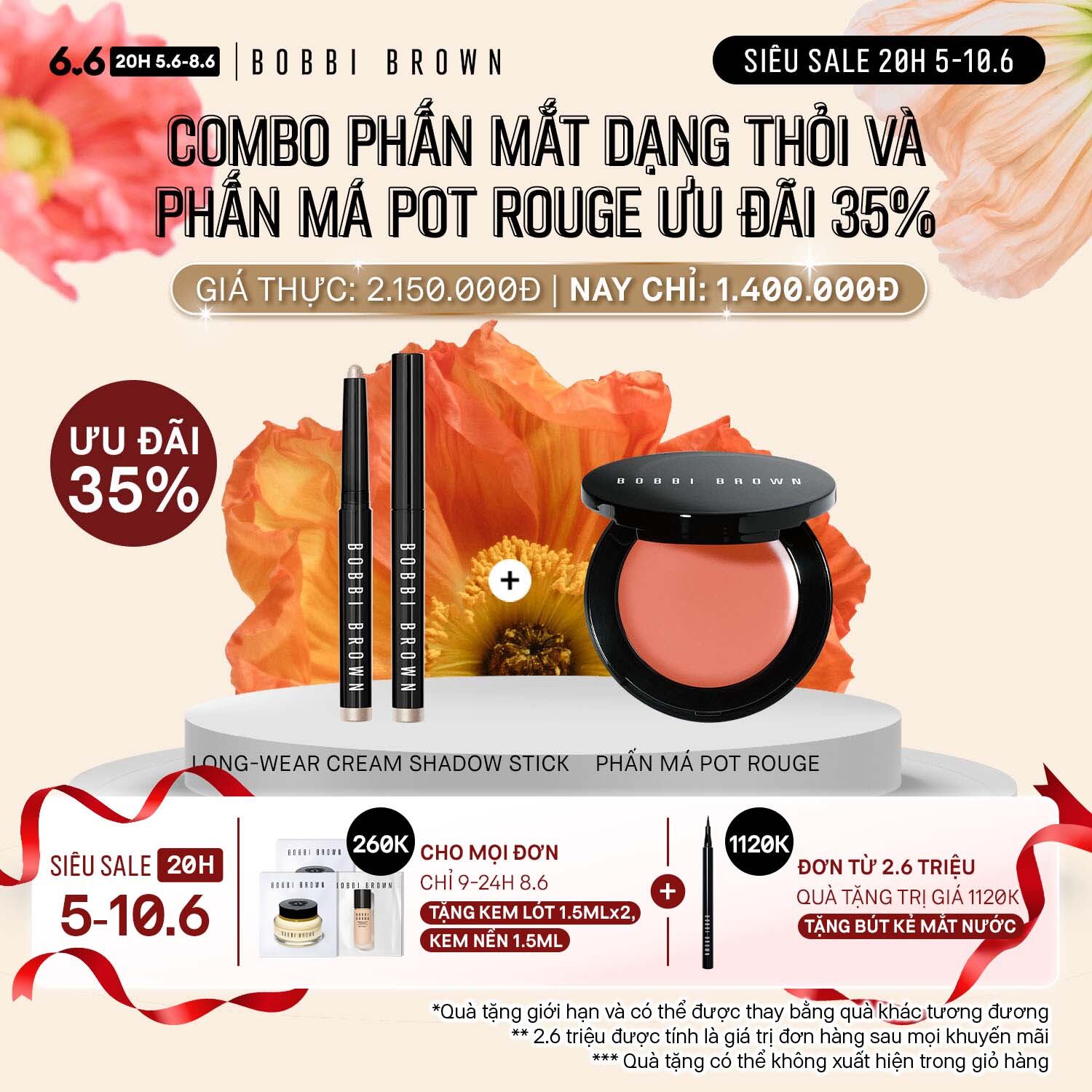 ĐỘC QUYỀN 20H 5-10.6 Bobbi Brown - Bộ 2 món: Phấn Mắt Dạng Thỏi Bobbi Brown Long Wear Cream Shadow Stick Má hồng dạng kem Bobbi Brown Pot Rouge For Lips & Cheeks