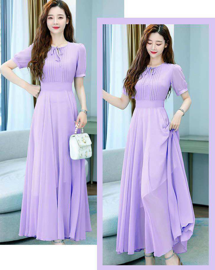 Đầm xoè phối lá, đầm maxi cổ tròn xếp li chất chiffon mềm mát big size