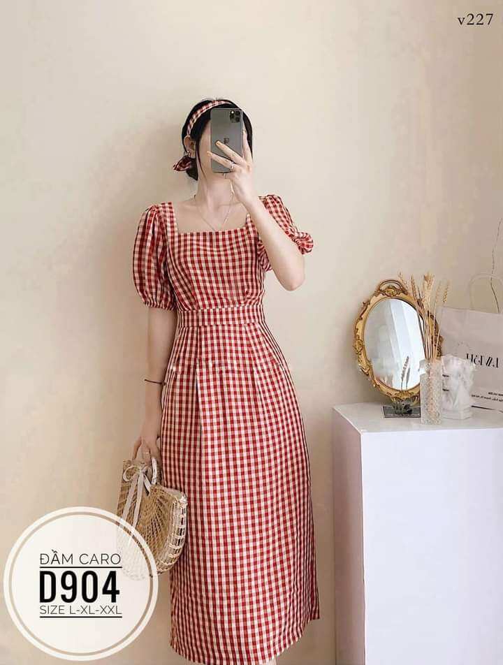 Bigsize Đầm Caro Cổ Vuông