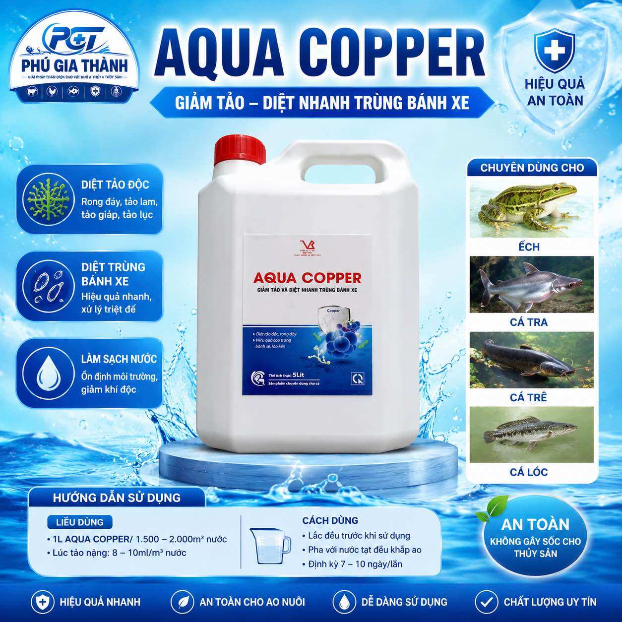 AQUA COPPER 5L Giảm Tảo, Diệt Nhanh Trùng Bánh Xe Cho Ao Nuôi Thủy Sản
