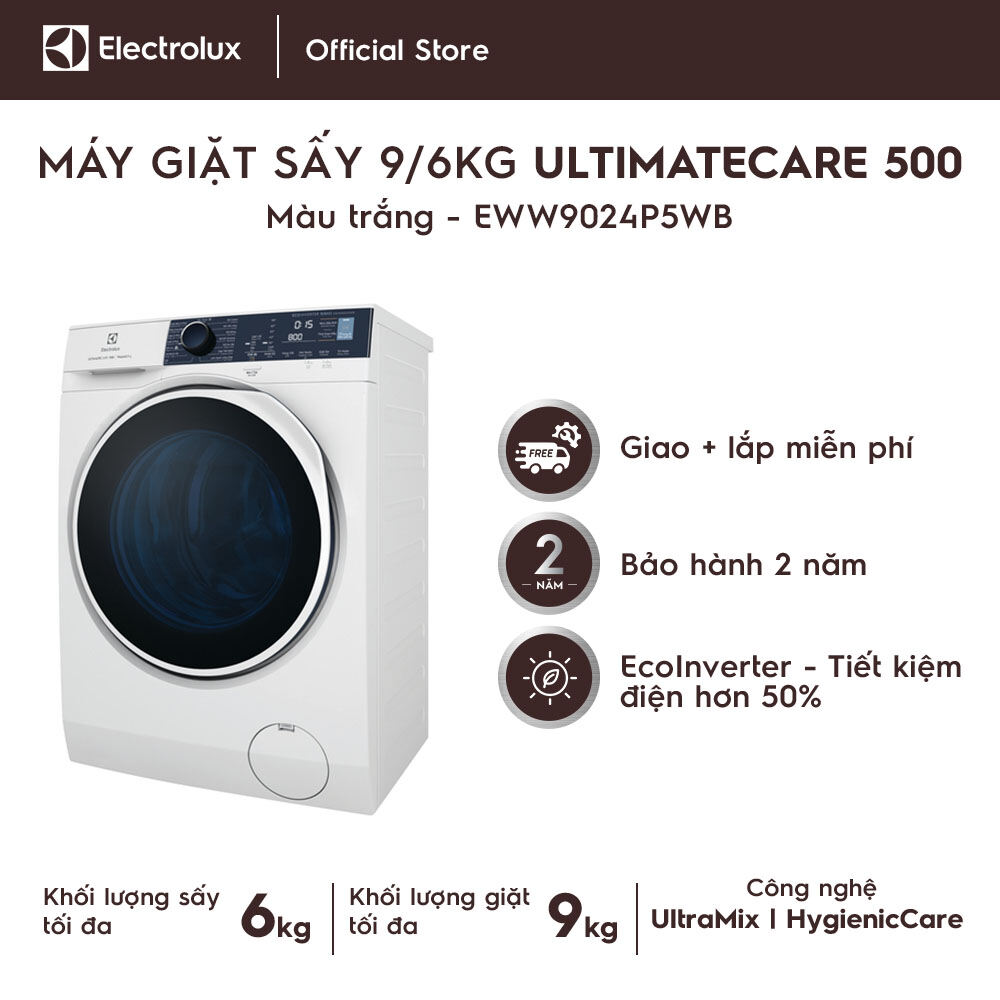 Máy giặt sấy Electrolux 9/6kg EWW9024P5WB - Diệt khuẩn tối ưu bằng hơi nước, không cặn giặt tẩy, tiết kiệm điện, êm dịu như giặt tay