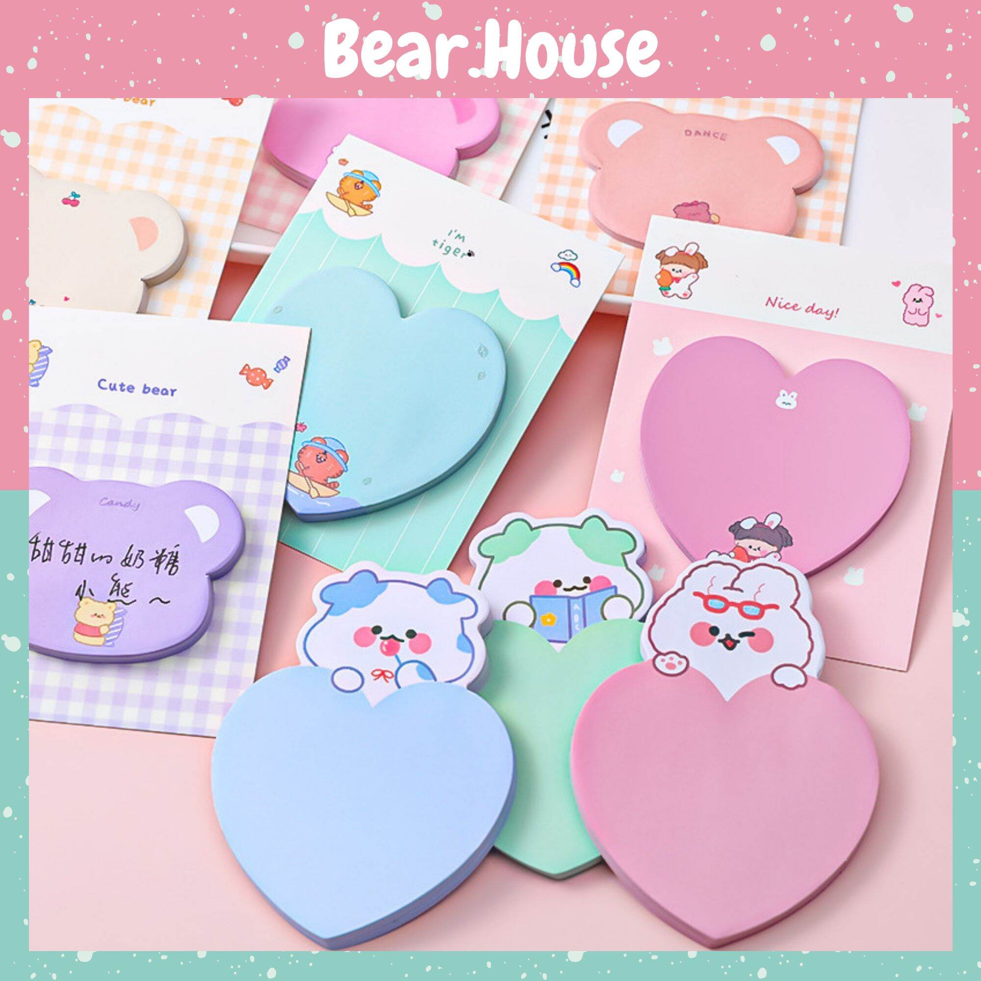 Giấy Ghi Chú, Giấy Note 30 Tờ Hình Trái Tim, Mặt Gấu Màu Pastel Ngọt Ngào Bear.House