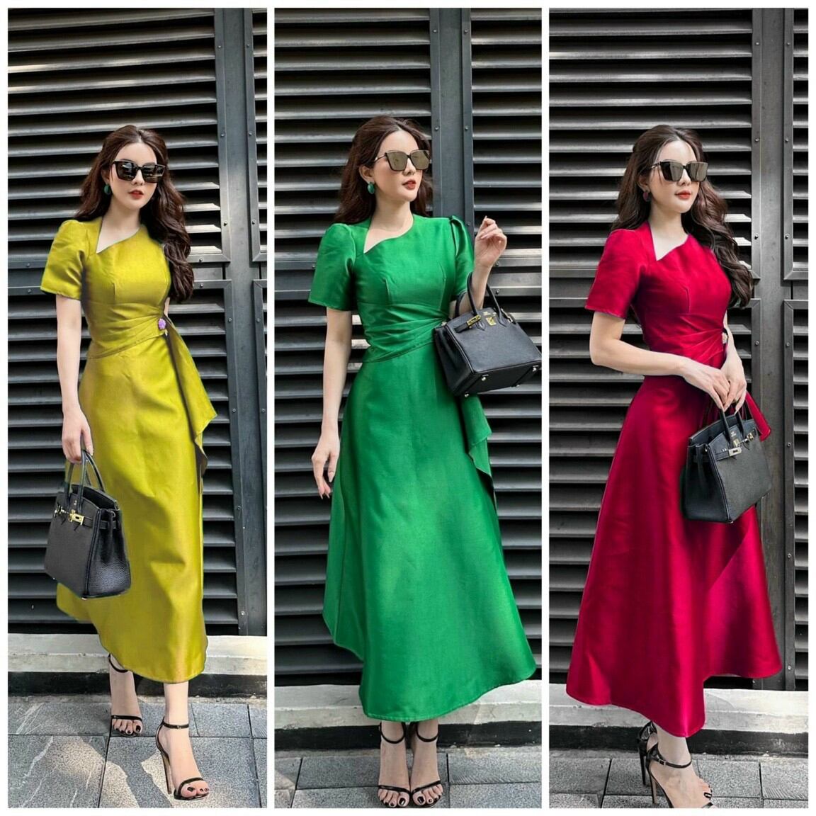 Đầm cổ xéo xếp ly phối bèo
