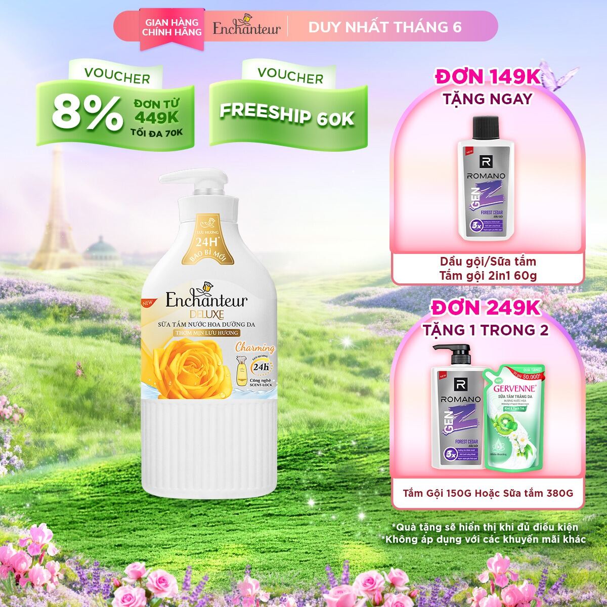Sữa tắm trắng và dưỡng ẩm Enchanteur Charming 650g