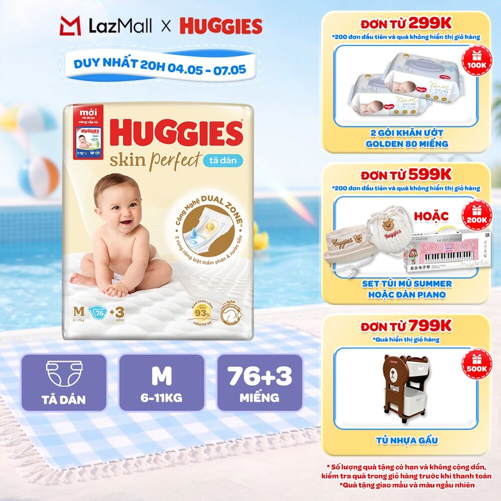 Tã/Bỉm Dán Sơ sinh Huggies Skincare Super Jumbo M76+3/L68/XL60/XXL54 Với 2 Vùng Thấm Giảm Kích Ứng Da
