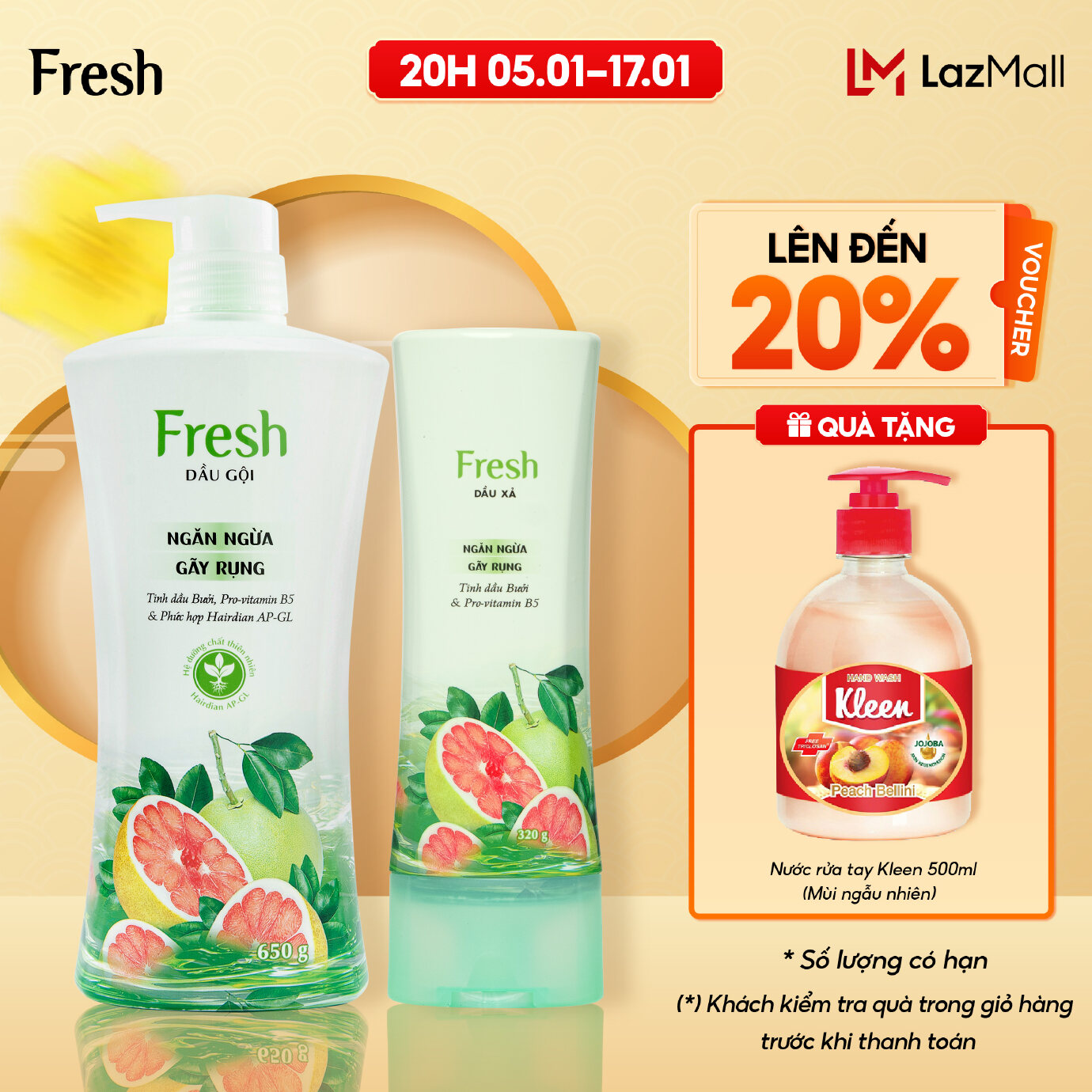 Combo Dầu gội + Dầu Xả Fresh Thiên Nhiên Giảm Gãy Rụng Tinh Dầu Bưởi 650g + 320g Chính Hãng