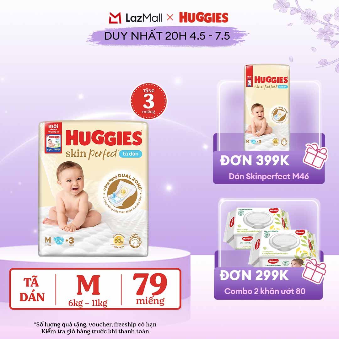 [CHỈ 20h 04-07.05 QUÀ TẶNG ĐƠN 0Đ]  Tã dán Huggies Skin Perfect Super Jumbo M76+3 miếng