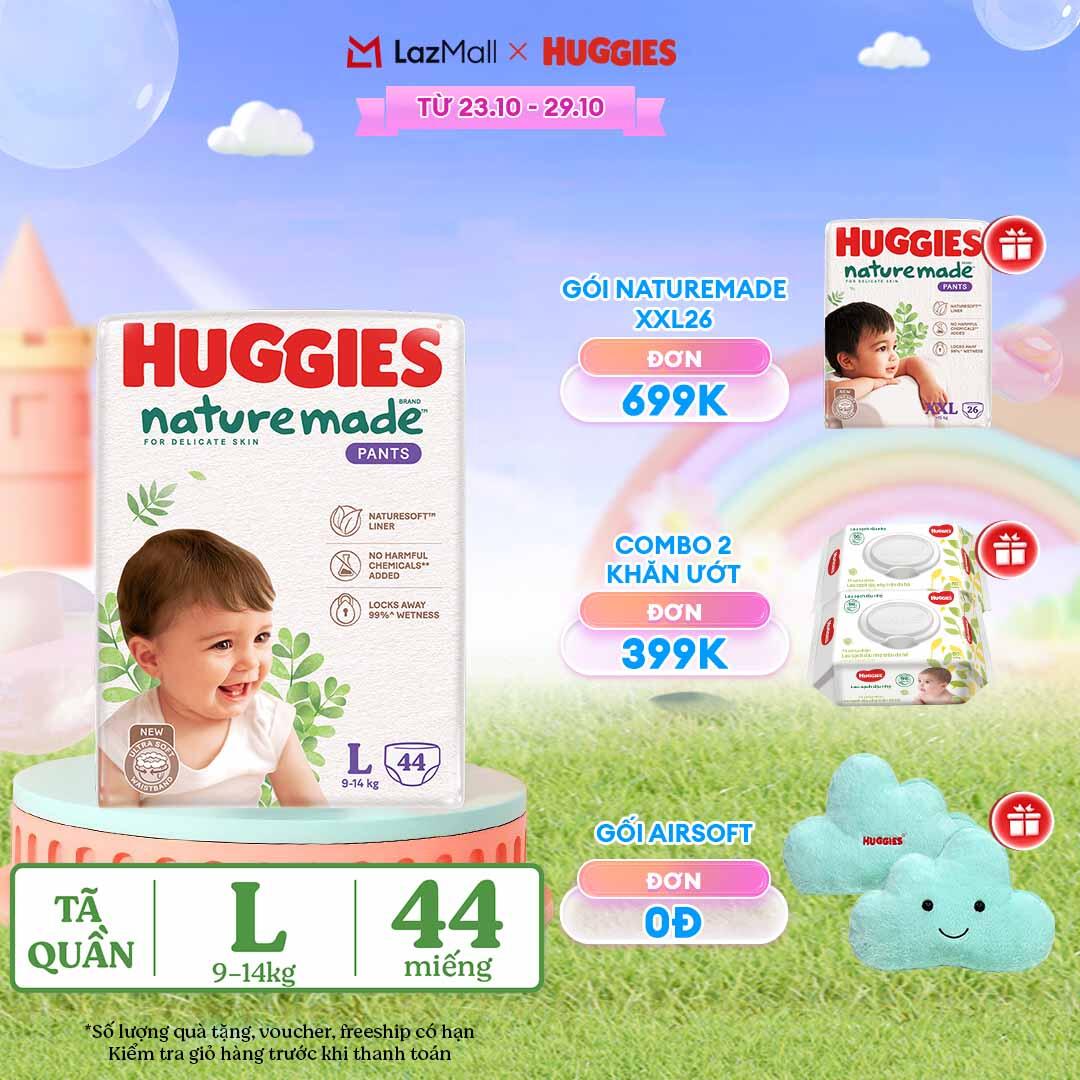 [CHỈ 23-29.10 QT Đơn 399K]Tã/Bỉm quần HUGGIES PLATINUM NatureMade L44 (9-14kg)-Gói Jumbo 44 miếng