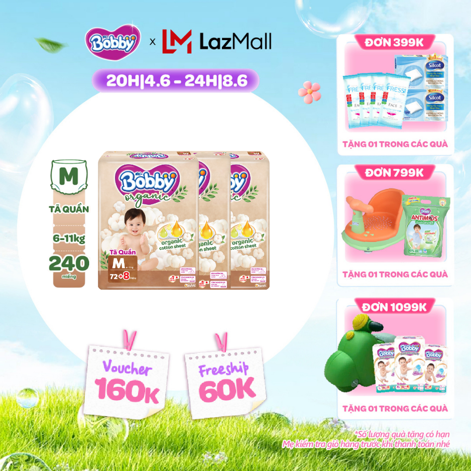 [QUÀ TẶNG HẤP DẪN TỪ 9-10.6][COMBO 3] [TẶNG KÈM 8 MIẾNG] Tã quần cao cấp Bobby Organic chăm sóc dịu nhẹ từ thiên nhiên M72