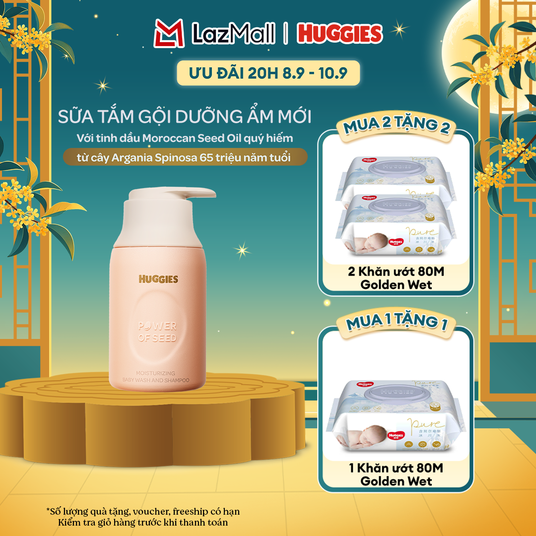 [Mua 1 tặng 1] Sữa tắm gội dưỡng ẩm cho bé Huggies Power of Seed 260g MỚI với tinh chất Moroccan Seed oil quý hiếm