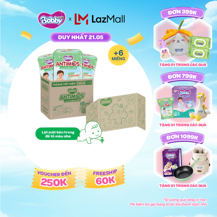 [SALE CUỐI THÁNG tặng QUÀ TO-SLCH][THÙNG TIẾT KIỆM TÔ MÀU] Combo 3 gói tã Quần Xua Muỗi Bobby Antimos – Hàng rào Sả tự nhiên Bye Muỗi 8H - L50+2