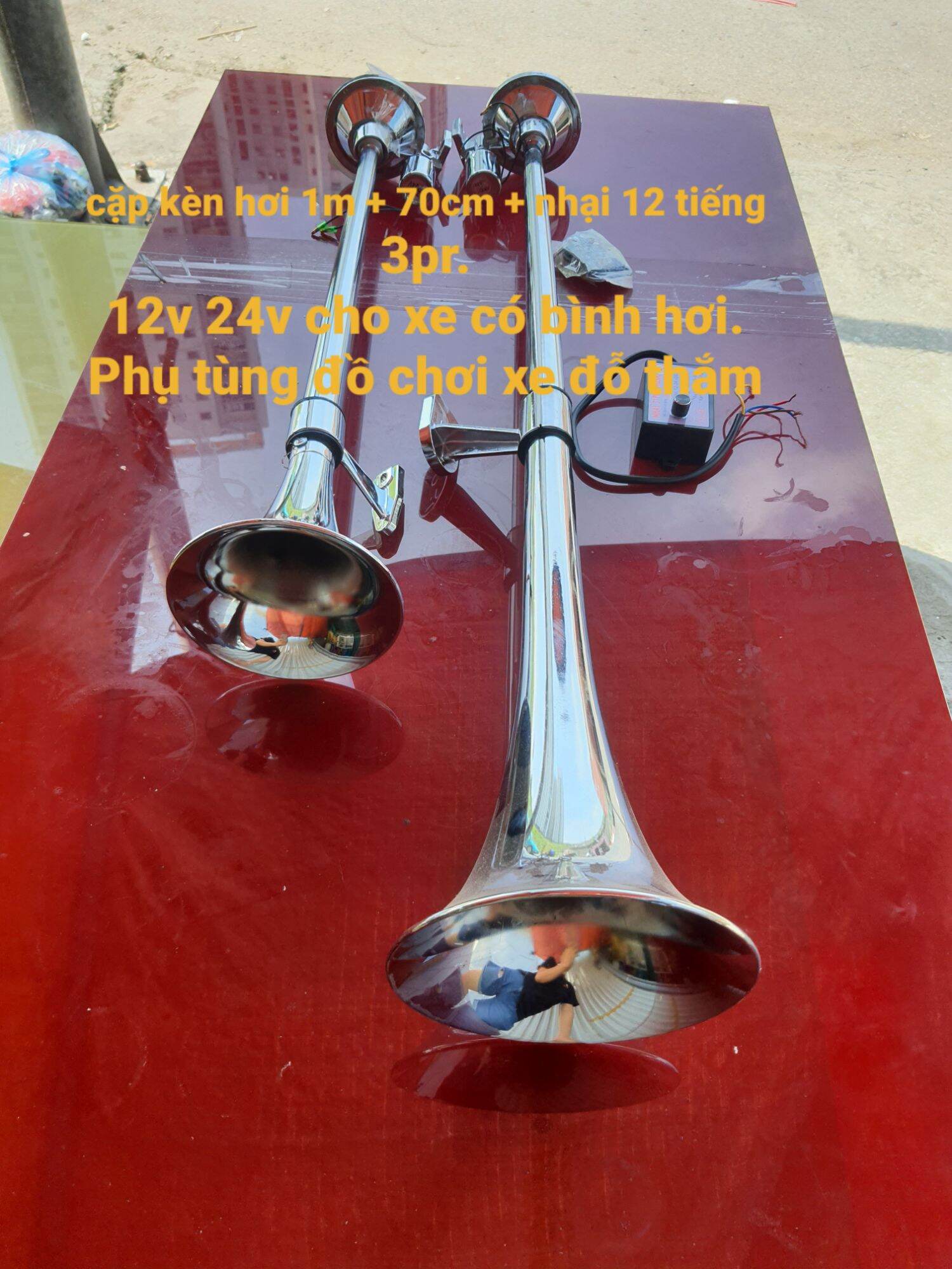 cặp kèn 1m + 70cm, cặp còi hơi 1m+ 70cm kèm nhại 12 tiếng , hoặc cặp kèn 1m + 70cmcó video tets còi 12v - 24v loại 1