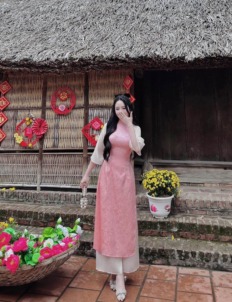 Áo dài bigsize gấm hoa thắt nơ phối quần dài