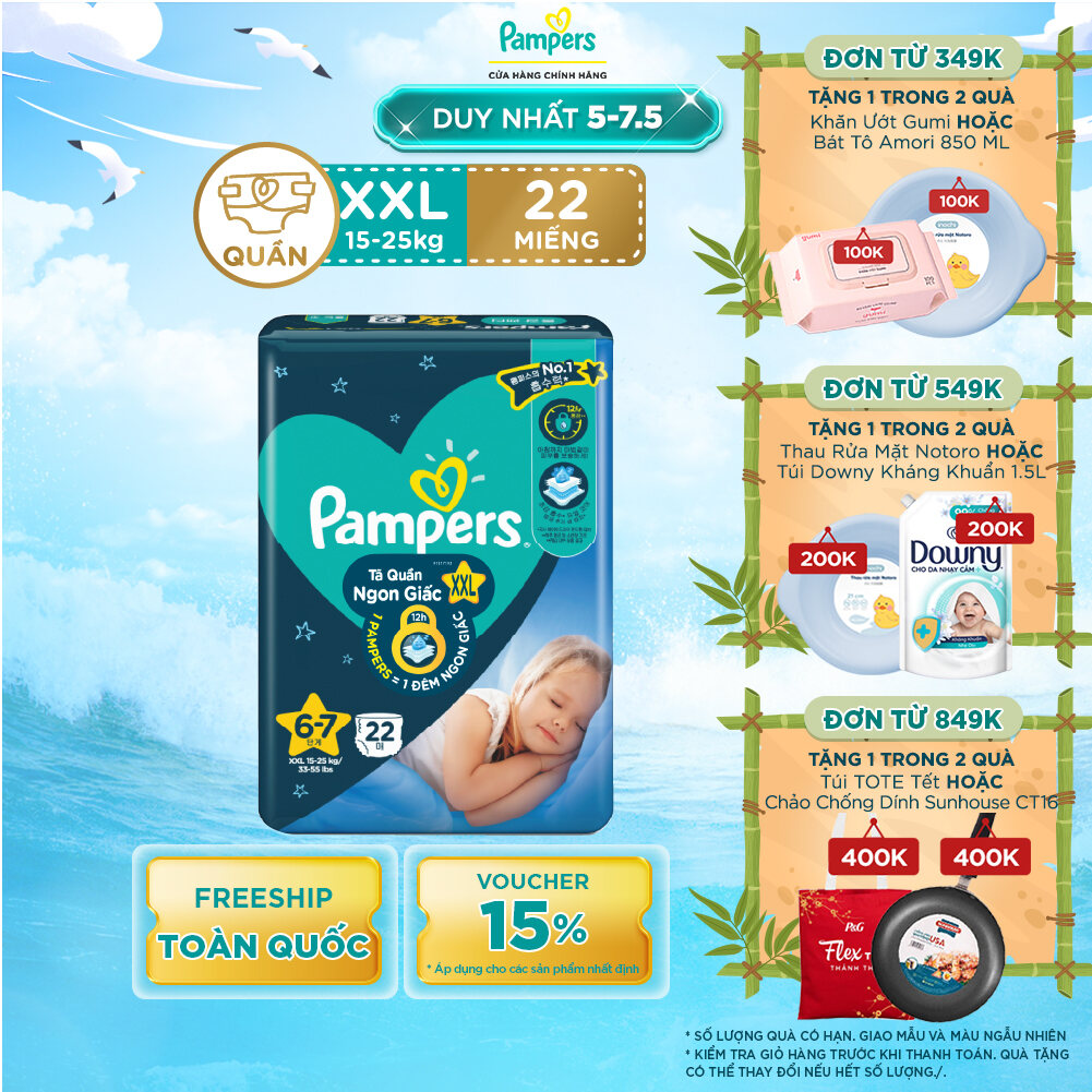 Tã/ Bỉm Quần PAMPERS Ngon Giấc Size XXL (22 miếng 15-25kg) Khô Thoáng Suốt Đêm
