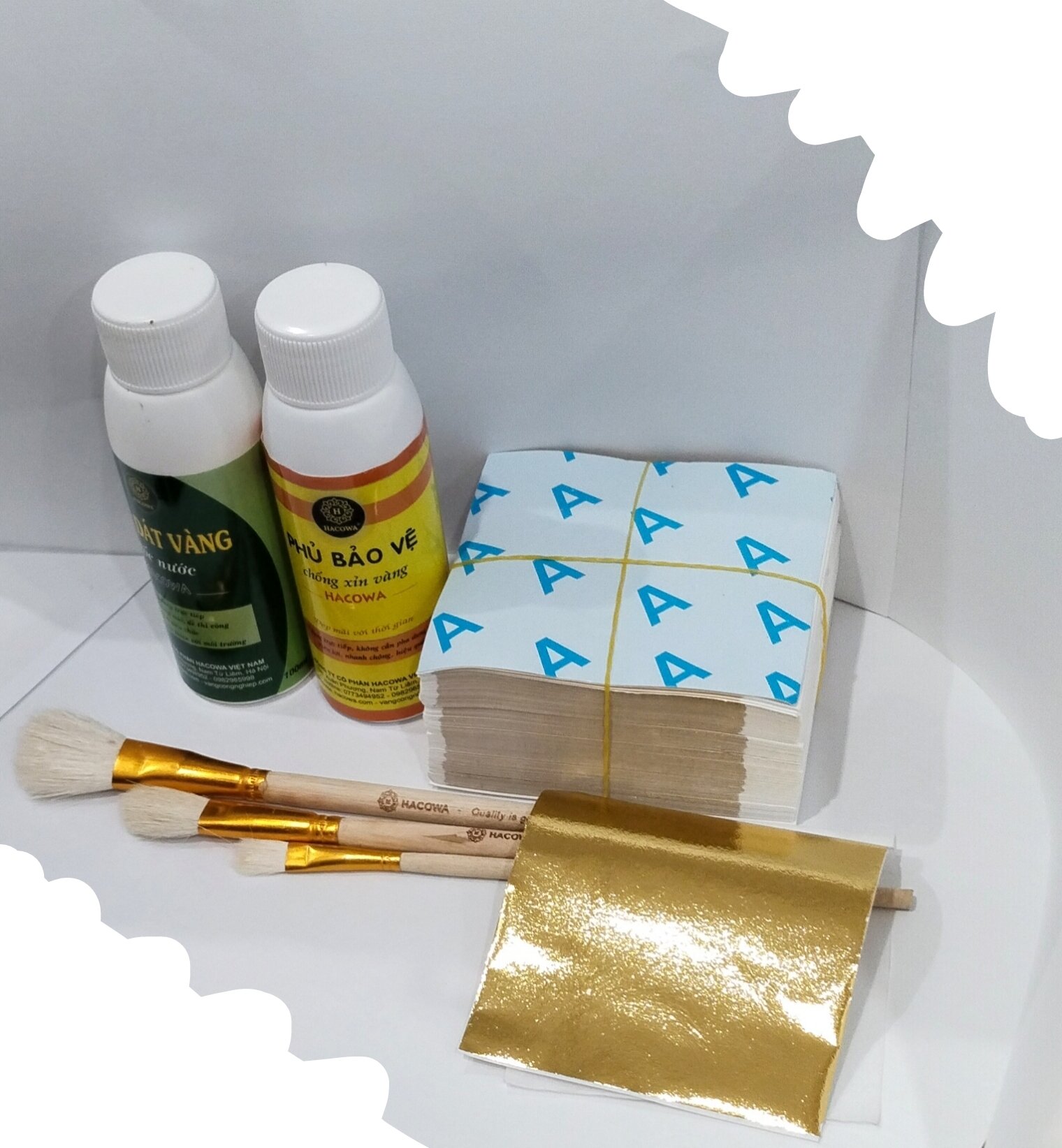 Combo dát vàng dát dừa gồm 500 lá vàng Nhật siêu bóng đẹp đầy đủ phụ kiện