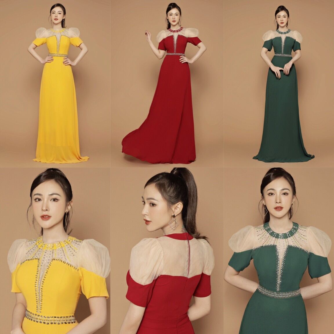 Đầm maxi dạ hội xoè kết pha lê cổ tròn