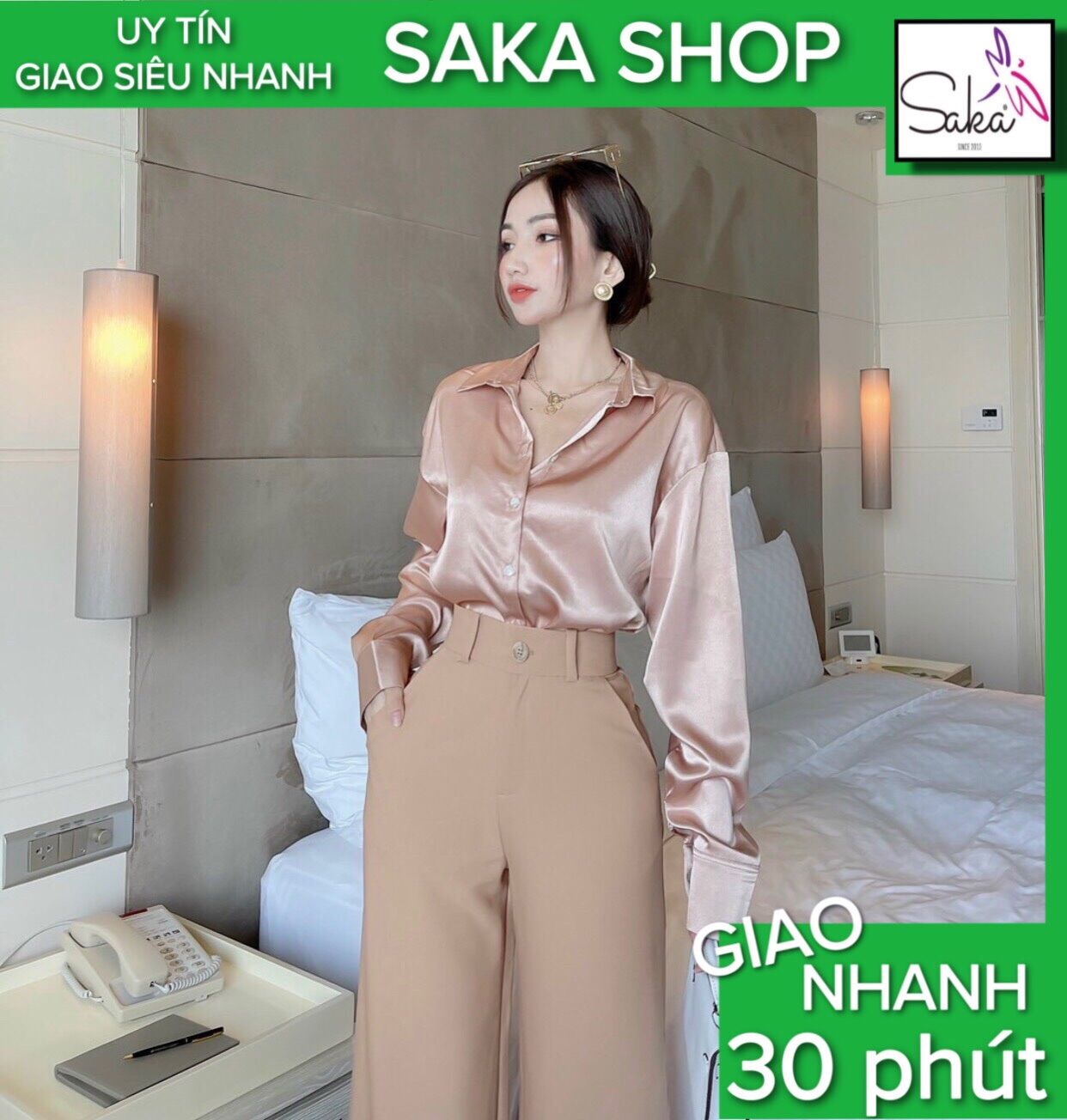 Áo sơ mi lụa nữ tay dài màu hồng nude vải cao cấp