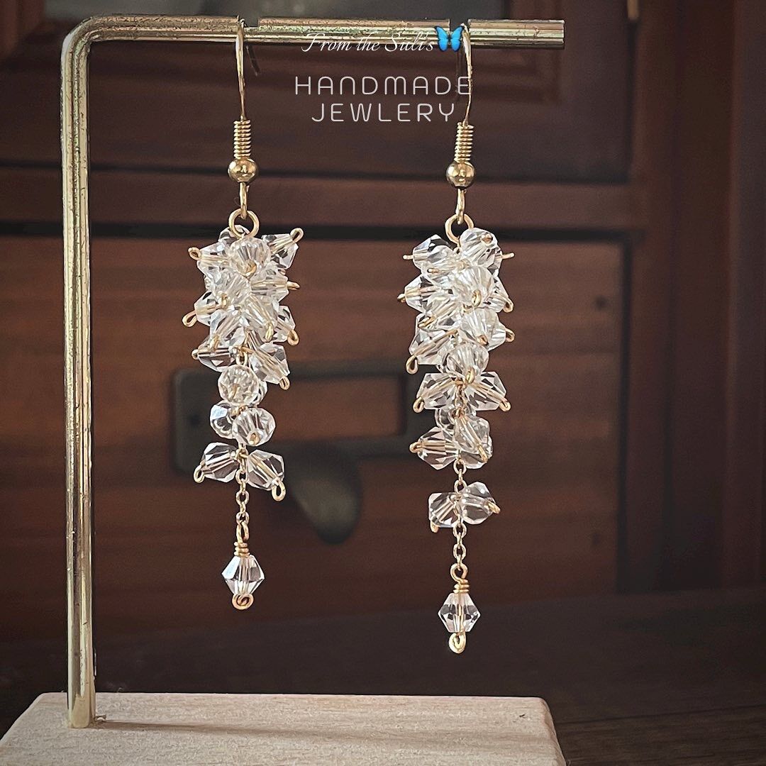 Set choker và khuyên tai nữ pha lê trong suốt dài, diy [Suli'sHandmade]