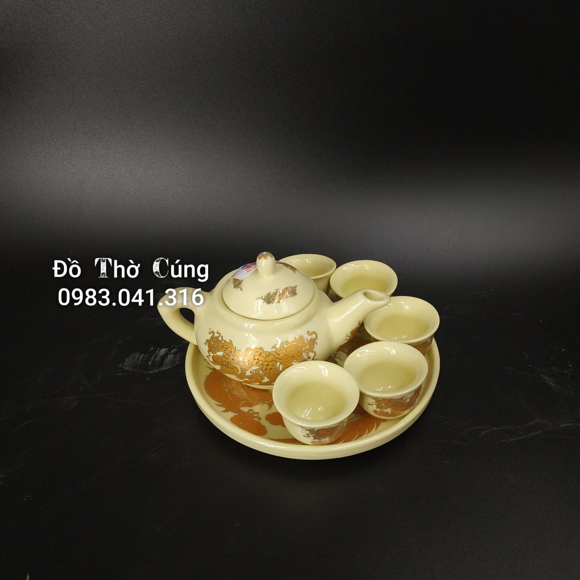 Bộ ấm chén pha trà thờ mini màu vàng ngà