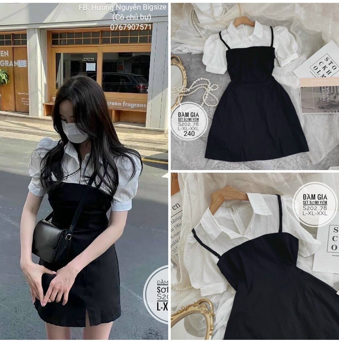 55-90kg bigsize đầm sơ mi phối kiểu set yếm s202..78
