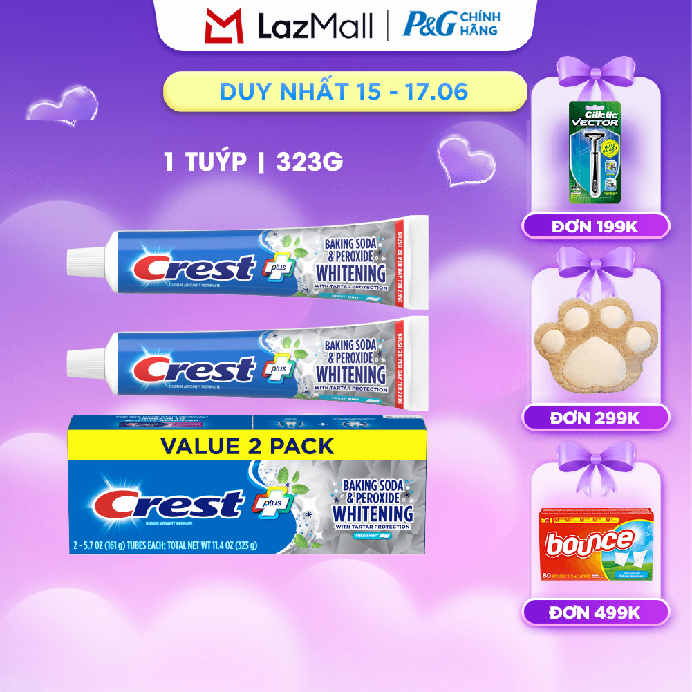 Hộp 2 Kem đánh răng Crest Baking Soda  Peroxide Whitening Trắng Sáng Ngừa Vôi Răng hương Fresh Mint 323g - Mỹ