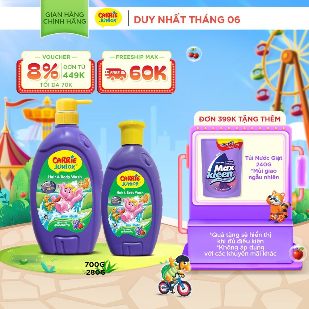 Combo Sữa Tắm Gội cho bé Carrie Junior chiết xuất trái cây thiên nhiên Hương Grapeberry: 700g + 280g