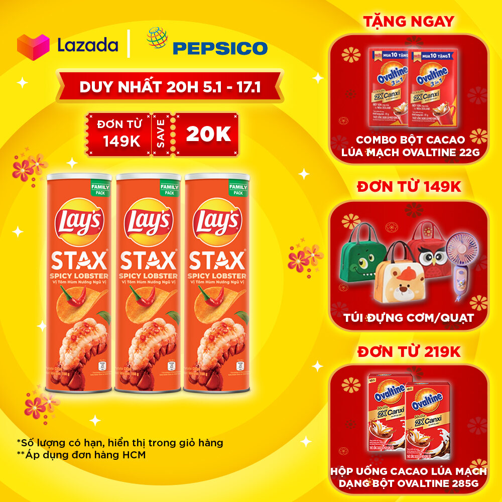 [Deal Tết 2025 tặng Ovaltine] Combo 3 Lays Stax Khoai Tây Miếng Vị Tôm Hùm Nướng Ngũ Vị 155G