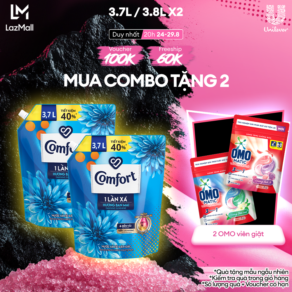 Combo 2 Túi Nước Xả Vải Comfort Đậm Đặc Một Lần Xả Hương Ban Mai 3.7/3.8L