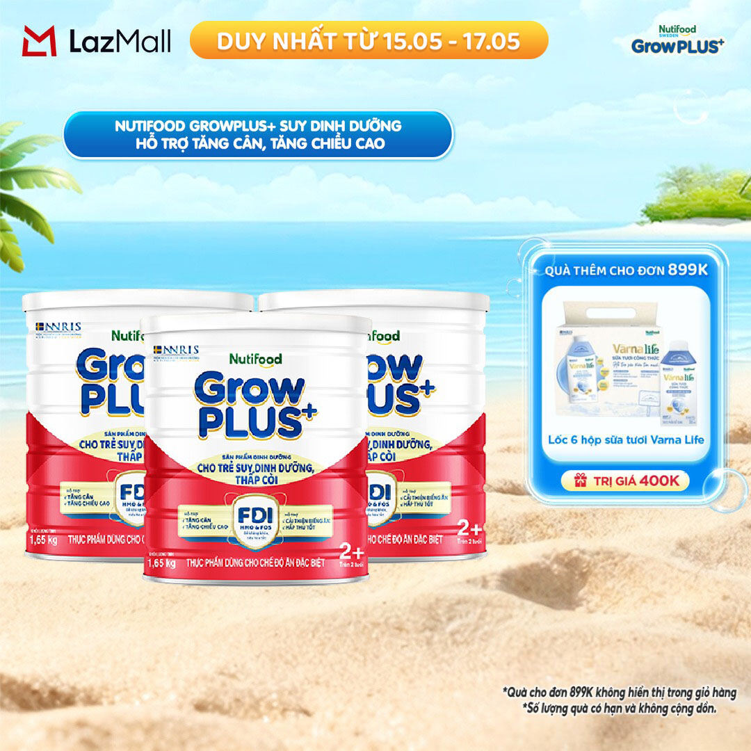 Combo 3 Sữa bột Nutifood GrowPLUS+ Suy Dinh Dưỡng (Đỏ) 2+ - Hỗ trợ tăng cân, tăng chiều cao (3 Lon 1,65 Kg)