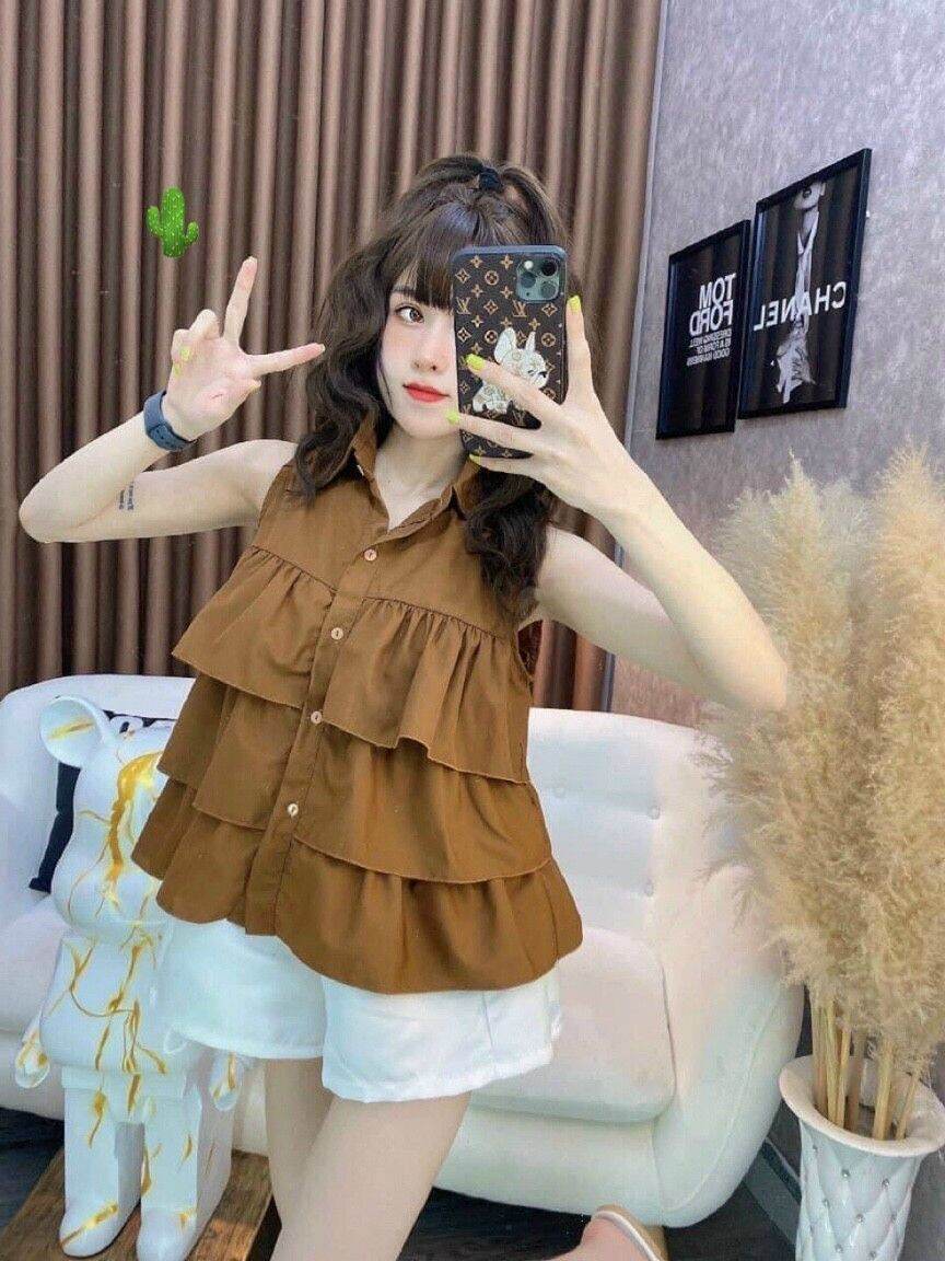 Áo sơ mi bèo tầng không tay kiểu dáng croptop