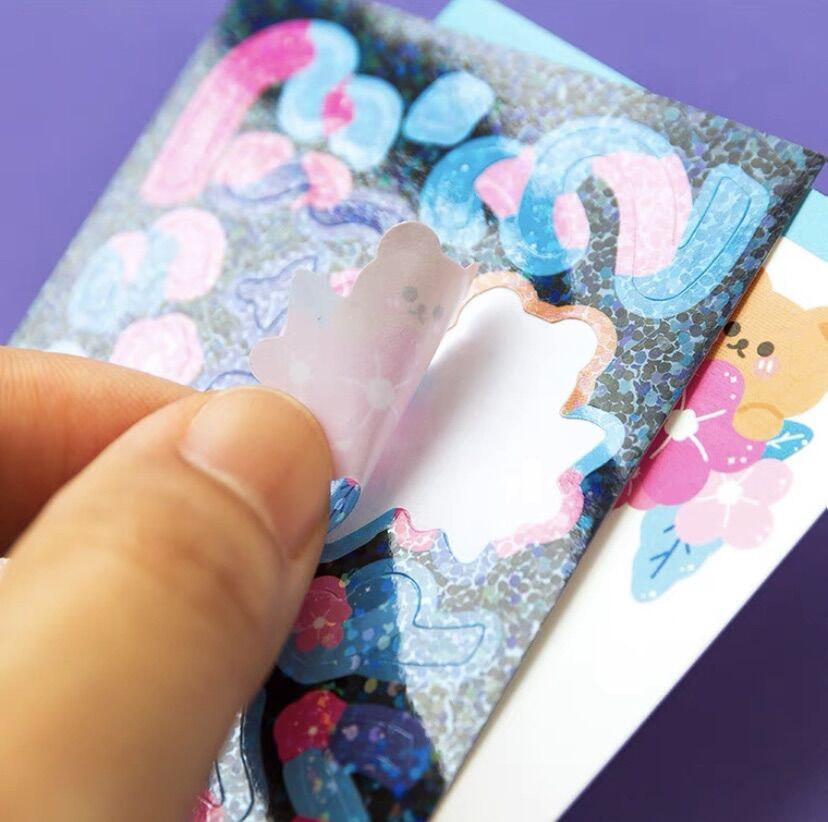 Set 2 tấm sticker ruy băng gấu béo lấp lánh