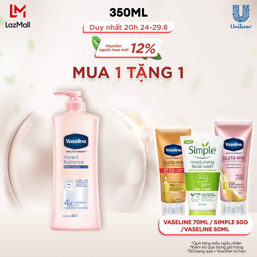 Sữa Dưỡng Thể Vaseline 350ml Dưỡng Ẩm Sáng Da Instant Radiance Vi Chất Phản Quang Giúp Da Sáng Tức Thì Gấp 4 Lần