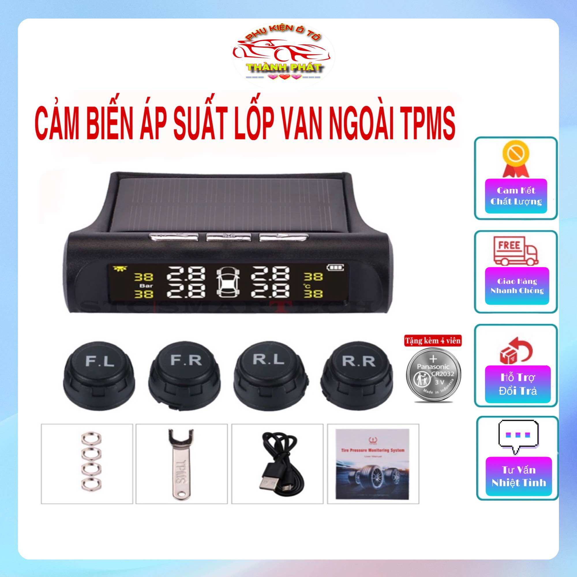 Cảm biến áp suất lốp ô tô xe hơi gắn van ngoài màn hình LCD màu hiển thị chạy bằng pin năng lượn mặt trời