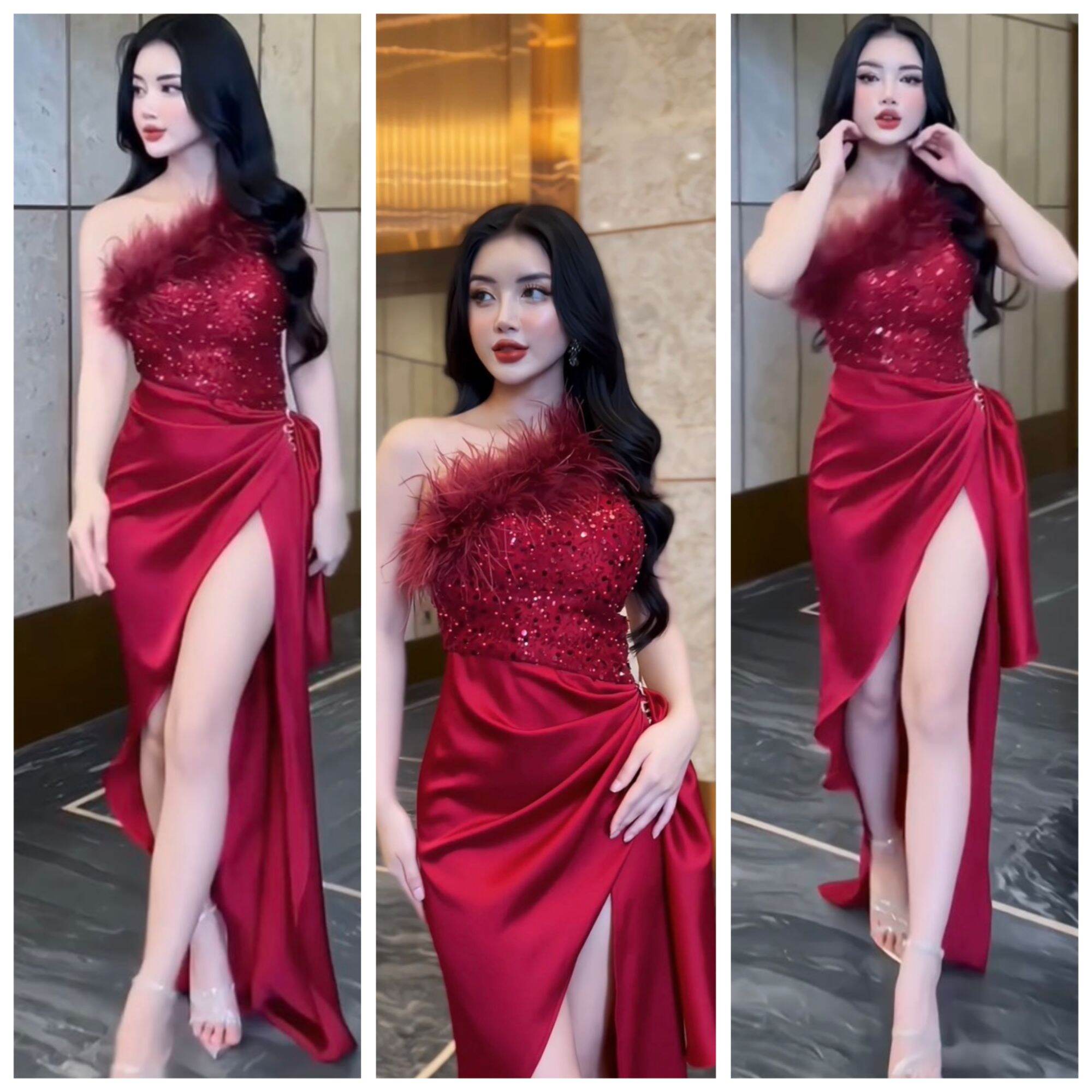 Đầm body kim tuyến xẻ tà phối lông siêu sang dự tiệc, chất lưới kim tuyến lông chân váy phi xịn sò, 1 màu đỏ