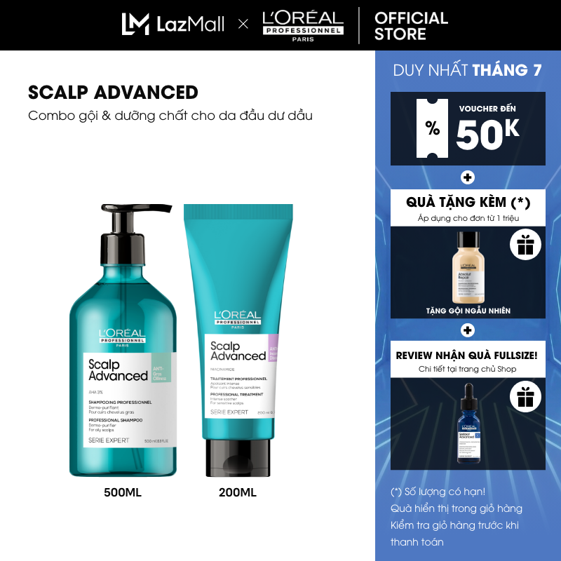 Liệu trình dưỡng tóc giúp giảm tiết bết dầu da đầu, giảm bết tóc L'Oréal Professionnel Scalp Advanced - Dầu gội 300ml/500ml, Dưỡng chất 200ml - Dành cho da đầu dư dầu, tóc bết