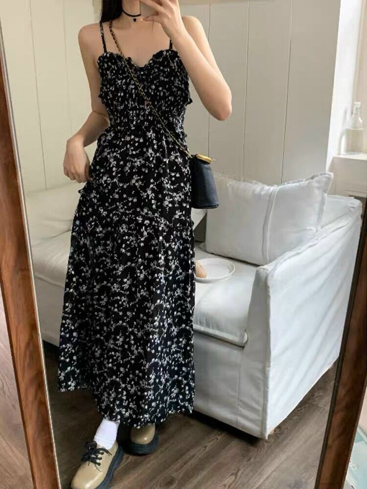 ĐẦM 2 DÂY MAXI HOA ĐEN XẺ TÀ