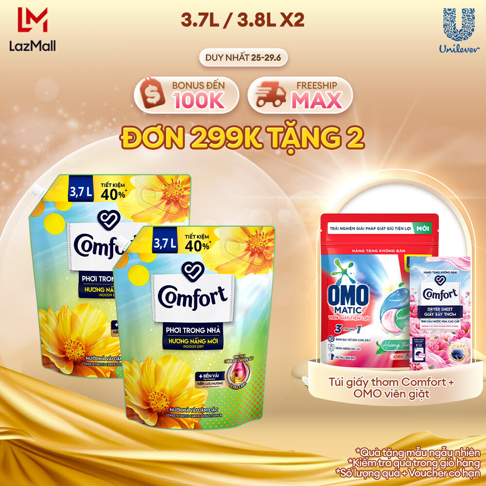 Combo 2 Túi Nước Xả Vải Comfort Đậm Đặc Phơi Trong Nhà Hương Nắng Mới 3.8L