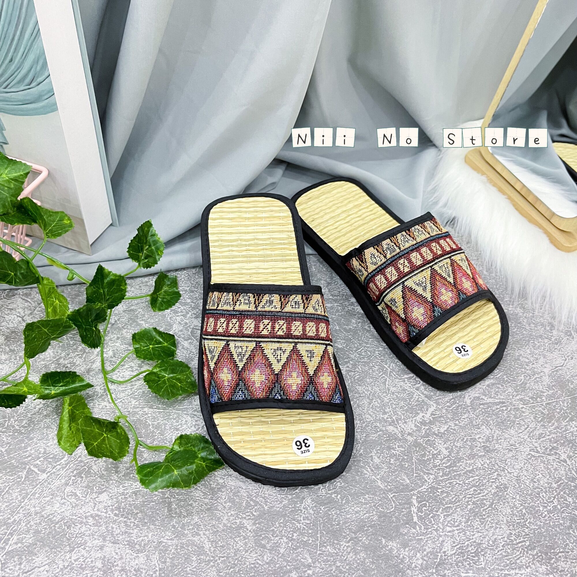 [ND017] Dép chiếu cói thổ cẩm đỏ quai ngang