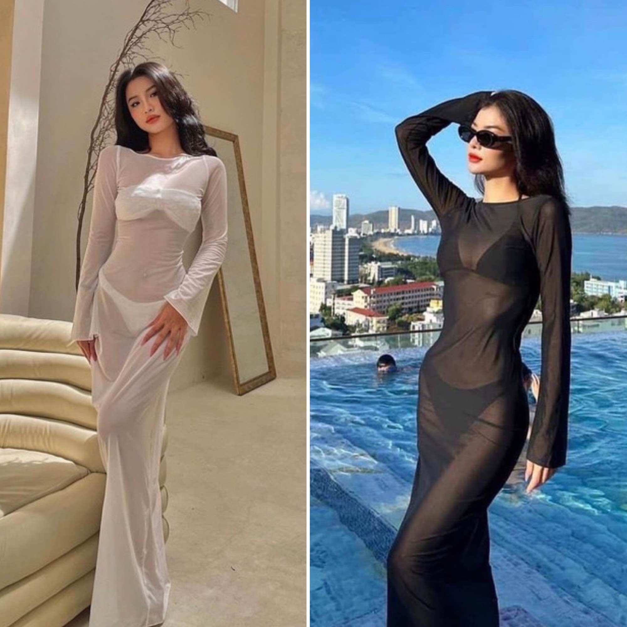 Đầm thun lưới dài đi biển chất co giãn mạnh ôm body tôn dáng 2 màu trắng/ đen