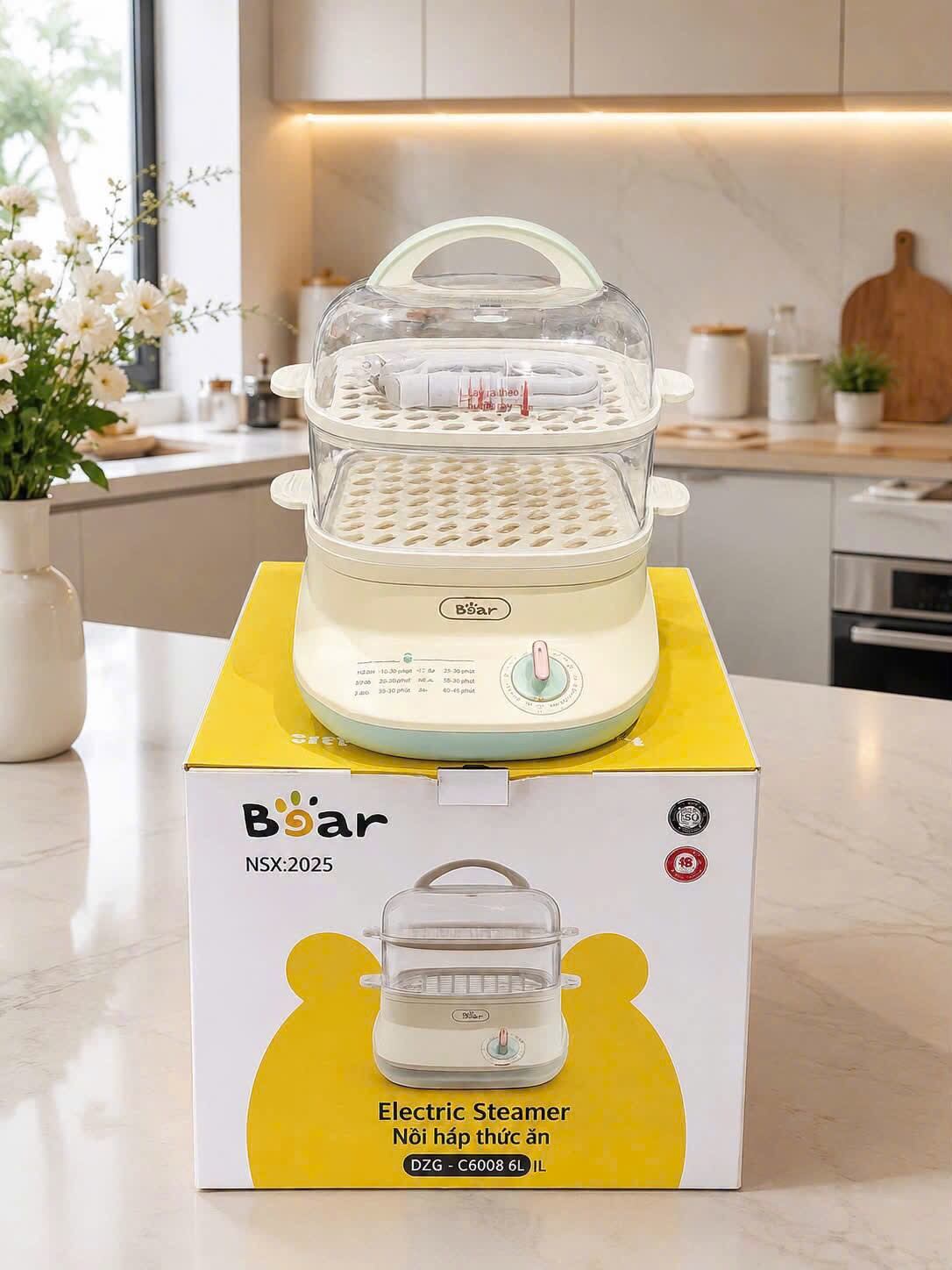 Nồi hấp 2 tầng Bear DZG-C60W9 dung tích 6L khay hấp inox cao cấp