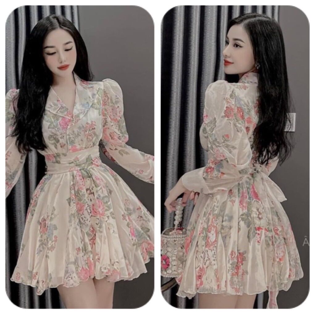 Đầm hoa nhí cổ vest tay bồng đai eo bèo tầng chất tơ siêu xinh