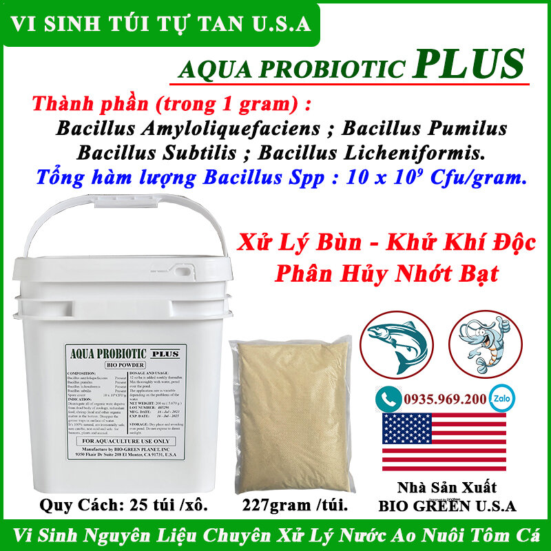 Men Vi sinh Aqua Probiotic PLUS chuyên xử lý bùn đáy ao, khử khí độc, chống nhớt bạt ao nuôi tôm cá. Gói 227gram
