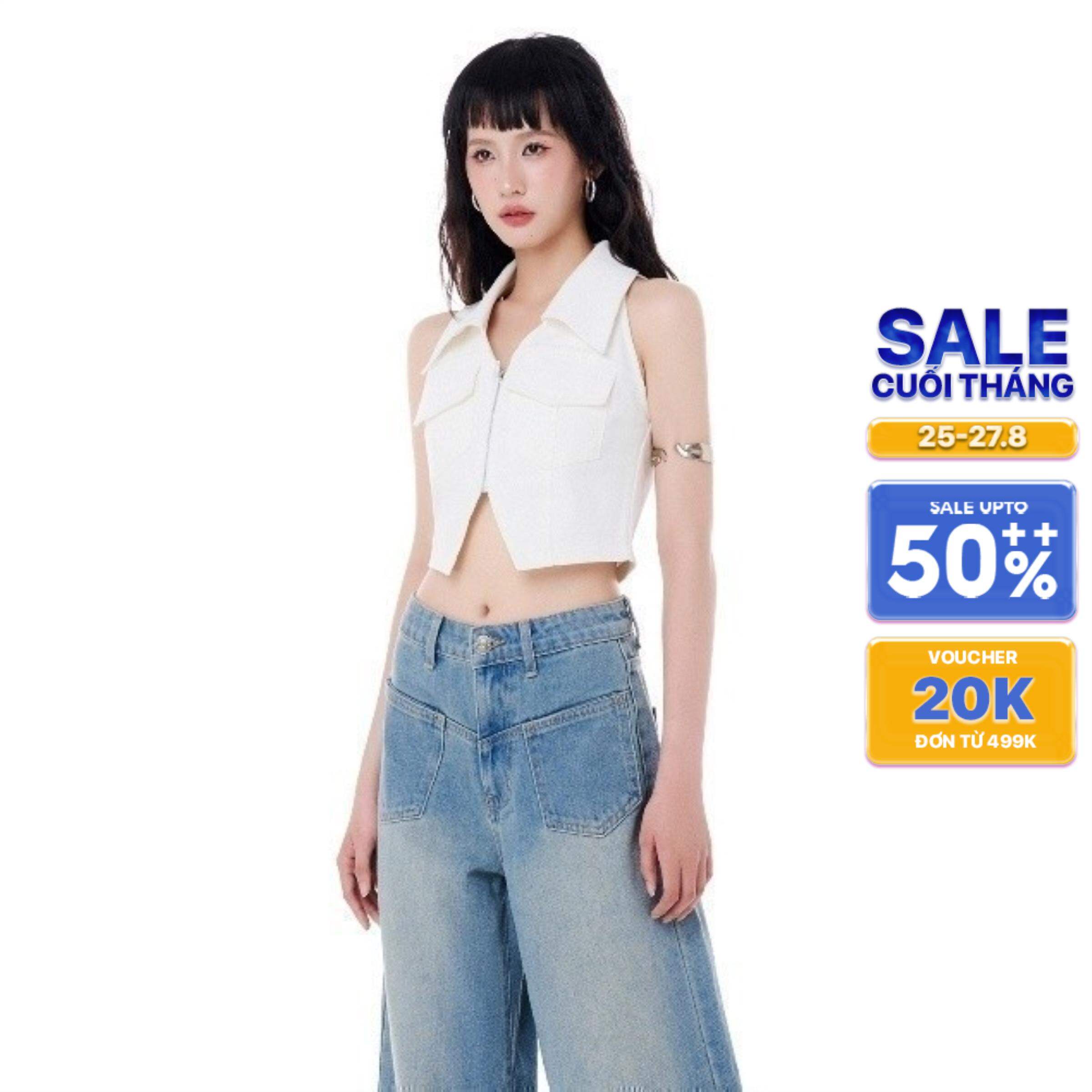 CARA Áo croptop sát nách nữ Kenta cổ sơ mi dây kéo phía trước cá tính