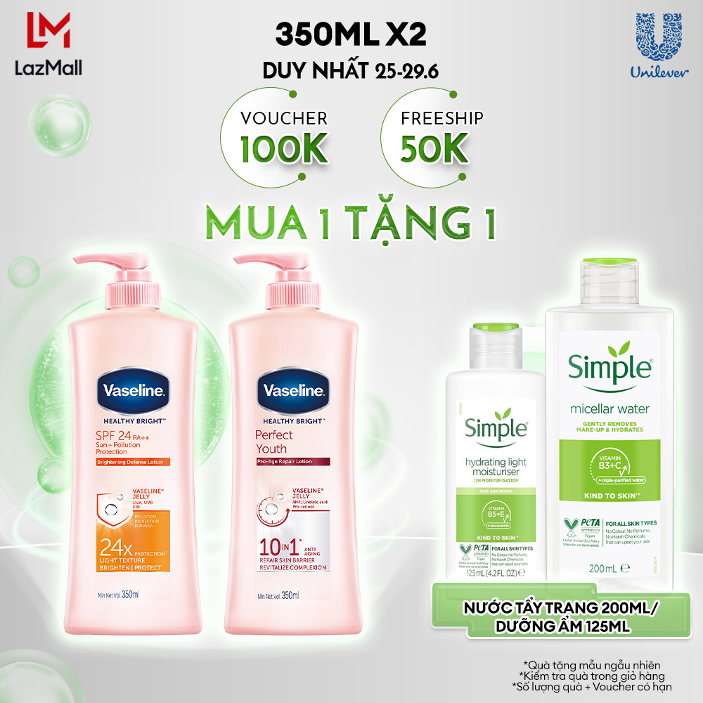 Combo 2 Sữa Dưỡng Thể Dưỡng Ẩm Vaseline Sáng Da Chống Nắng Toàn Spf24pa++ & Sáng Da Perfect Youth Cải Thiện Nếp Nhăn 350ml