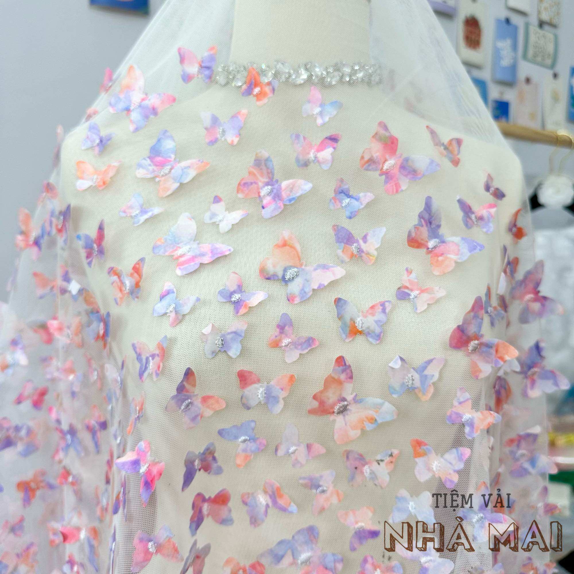 1m vải lưới trắng mềm thêu cánh bướm 3d ombre hồng tím
