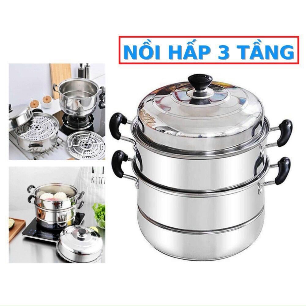 Nồi hấp 3 tầng inox - xửng hấp đa năng 28cm