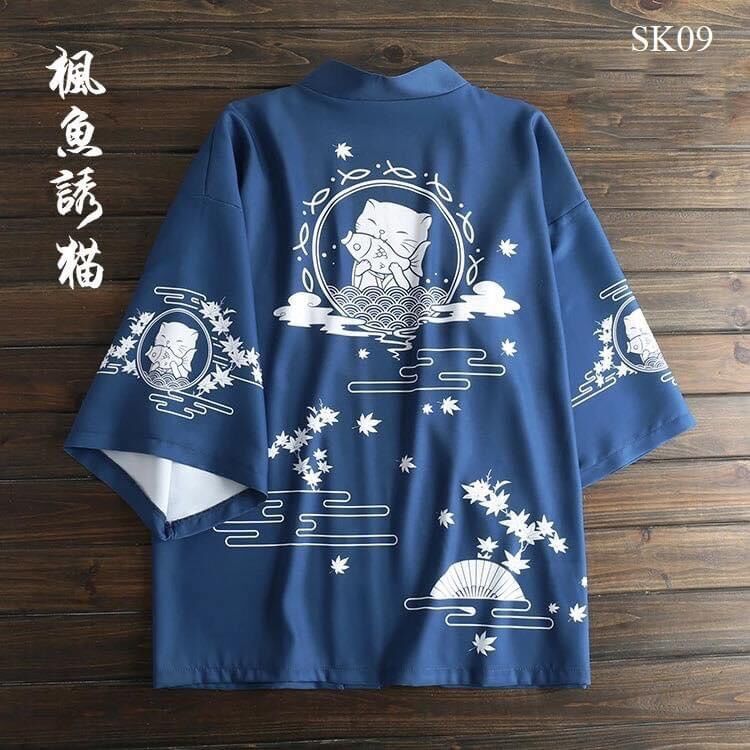 Áo Haori Kimono phong cách Nhật Bản hoạ tiết mèo thần tài xanh Cosplay cực chất SK09