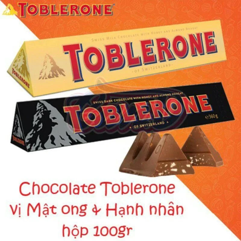 Socola mật ong hạnh nhân Toblerone Swiss Chocolate with Honey And Almond Nougat của Thụy Sĩ mỗi thanh 100gr