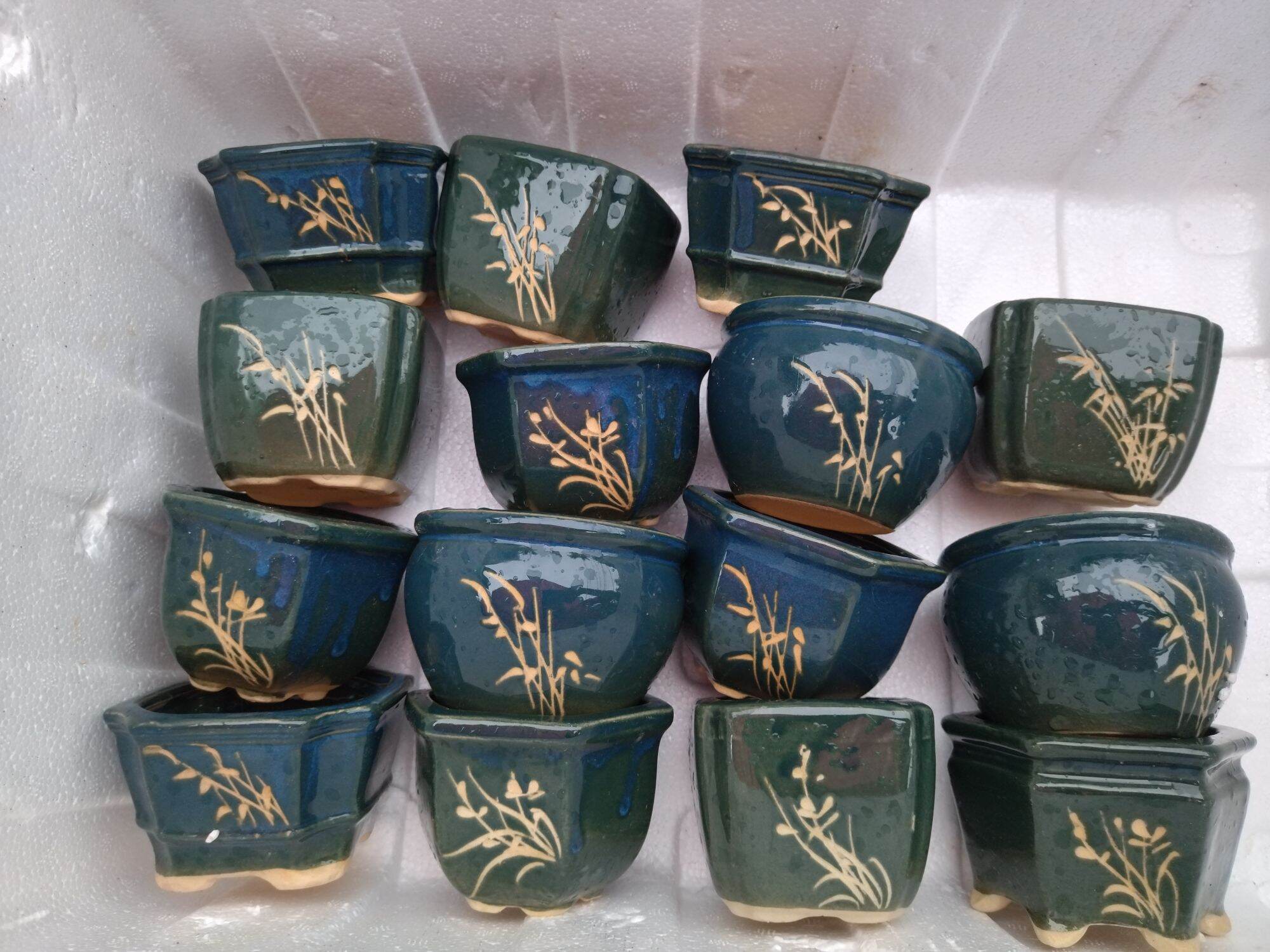 15 chậu men xanh bóng trồng sen đá, bonsai