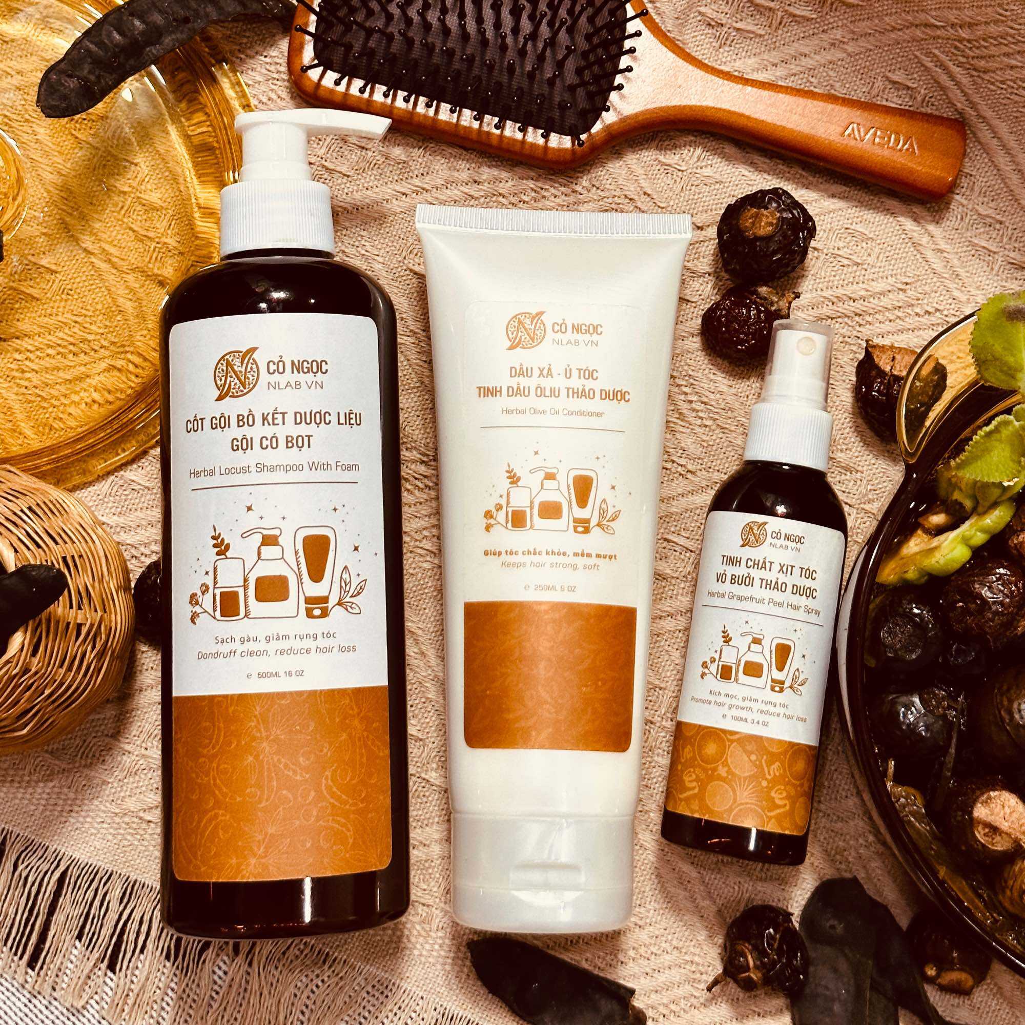 Combo 500ml cốt gội bồ kết có bọt, 250ml dầu xả-ủ ôliu tặng 100ml xịt bưởi